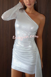 Sexy Asymmetric One-sleeve Pleated Stretch Slim Mini Dress