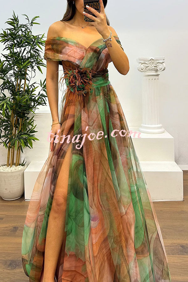 Jinnie Tulle Floral Feather Pendant Pleated Off Shoulder Slit Maxi Dress