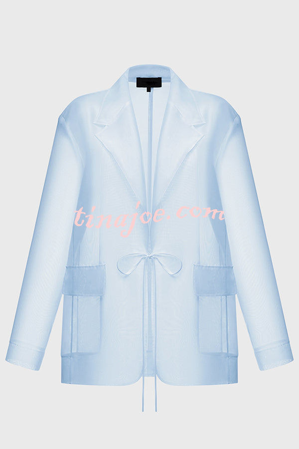 Simple and Light See-through Fabric Tie-up Long Sleeve Pocket Lapel Blazer