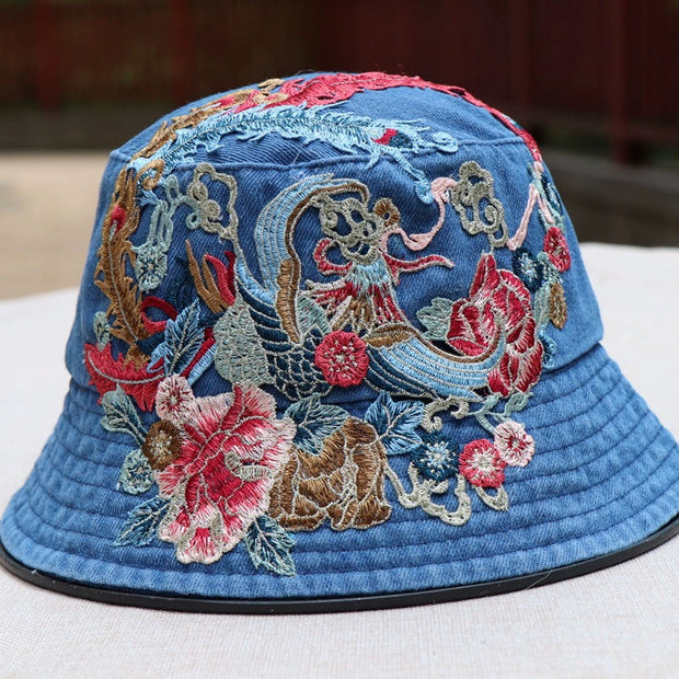 Fashionable Ethnic Style Embroidered Denim Bucket Hat