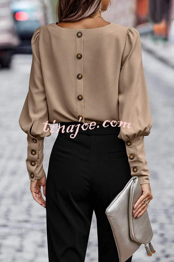 Long Sleeve Back Button Solid Color Casual Top