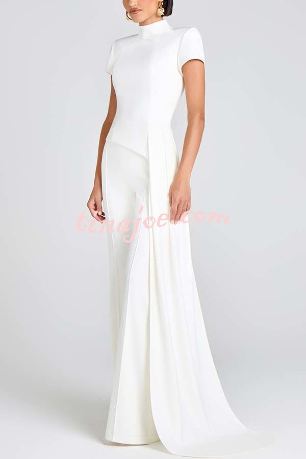 Pippa High Neck Short Sleeve Irregular Drape Hem Top and Elastic Waist Flare Pants Set