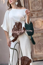 Floral Print Batwing Sleeves Loose-fitting Top and Relaxed Pocket Straight Pants Set