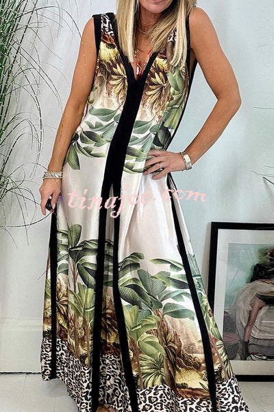 Vanna Unique Tropical Print Black Patchwork Detail A-line Maxi Dress