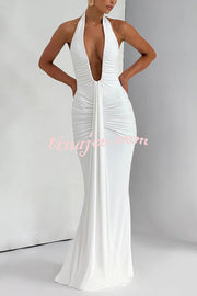 Solid Color Elegant Halterneck V-neck Open Back Tie Gathered Maxi Dress