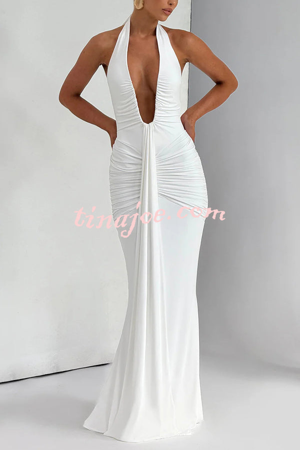 Solid Color Elegant Halterneck V-neck Open Back Tie Gathered Maxi Dress