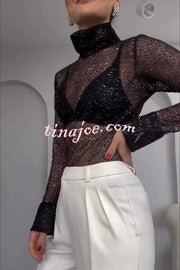 Shimmering Twilight Sequin Turtleneck Long Slit Sleeve H-line Blouse