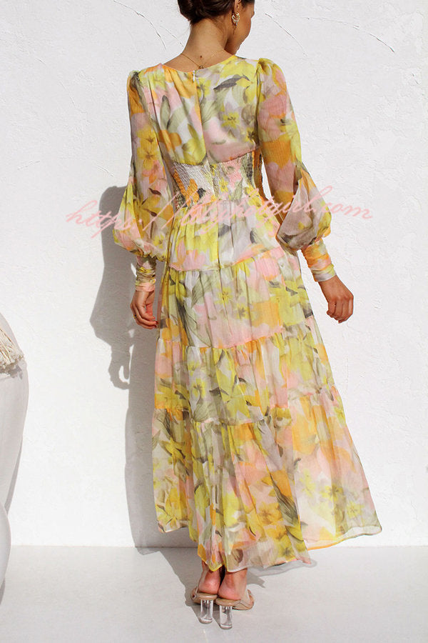 Olena Abstract Floral Balloon Sleeves Maxi Dress