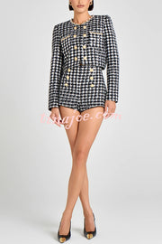 Remy Check Bouclé-tweed Fabric Pearl Trim Gold Button Long Sleeve Jacket