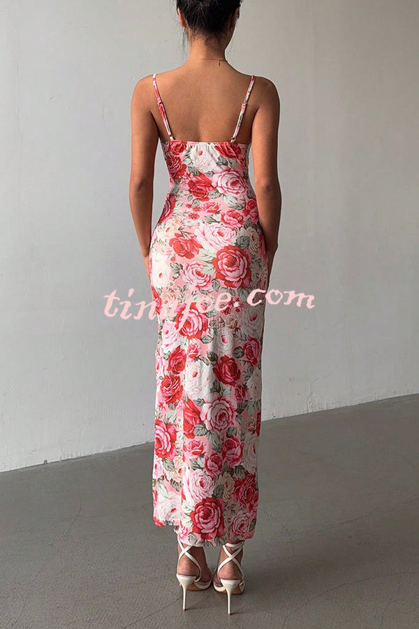 Floral Print Sexy Halter Back Slim Fit Lace Up Midi Dress