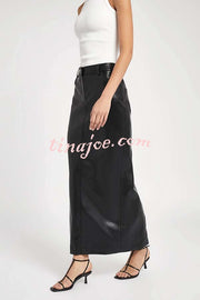 Classic Feel Faux Leather Mid Rise Pocket Slit Stretch Maix Skirt