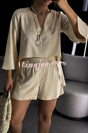 Solid Color V-neck Long-sleeved Top and Pocket Loose Casual Shorts Set