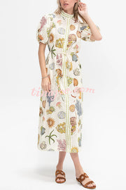 Beach Shell Print Puff Sleeve Tie-Waist Casual Midi Dress