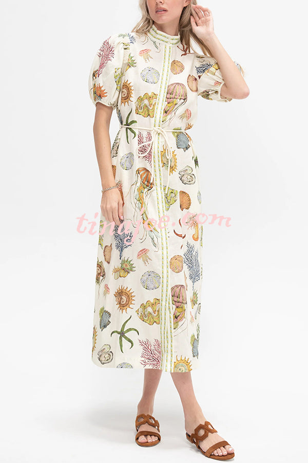 Beach Shell Print Puff Sleeve Tie-Waist Casual Midi Dress