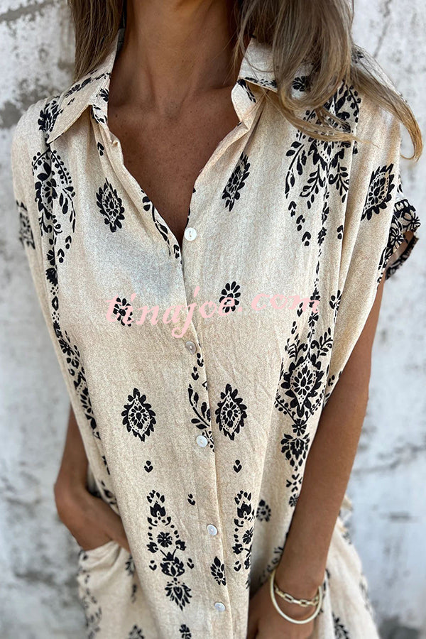 Linen Blend Unique Print Lapel Casual Pocket Mini Dress