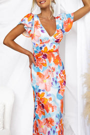 Say I Do Satin Floral Print Cap Sleeves Maxi Dress