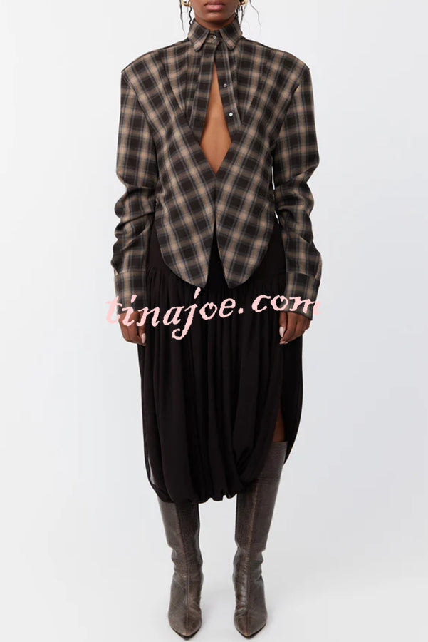 Vintage Plaid Shoulder Pad Buttons Long Sleeve Angled Hem Shirt
