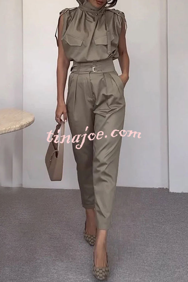 Statement Breast Pocket Top and Side Pocket Belt Long Pant Set