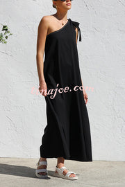 Solid Color One-shoulder Strappy Elegant Sloping Collar Loose Maxi Dress