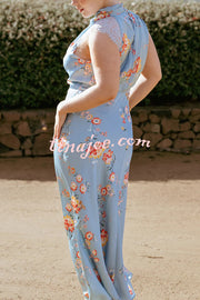 Anabelle Satin Lace Detail Floral Print High Cowl Neck Maxi Dress