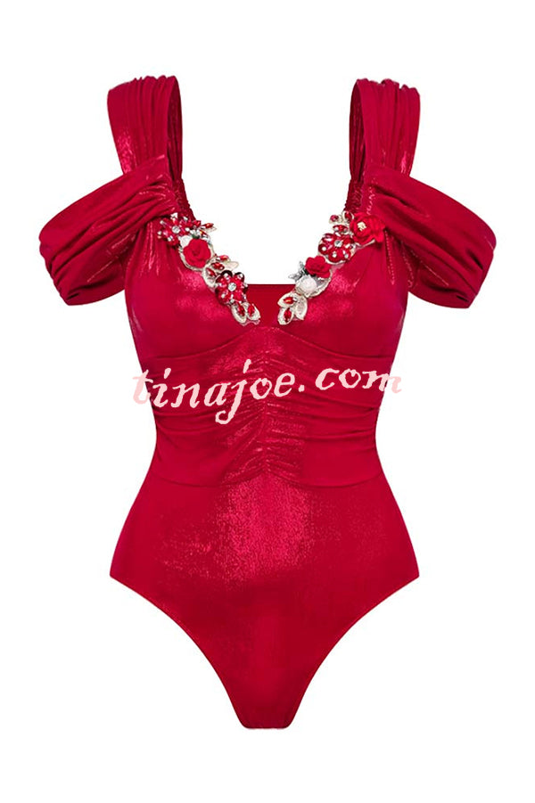 Solid Color Shiny Fabric Deep V Metal Embellished Stretch One-piece Swimsuit