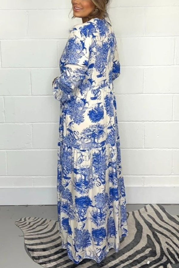 Botanical Print Casual V-neck Trumpet Sleeve Maxi Dress