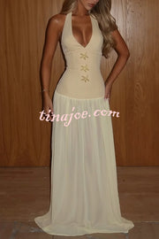 Giselle Gold Starfish Hardware Halter Back Lace-up Tulle Maxi Dress