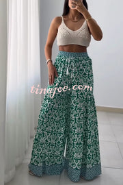 Unique Print Elastic High Waist Tie Pocket Wide Leg Pants