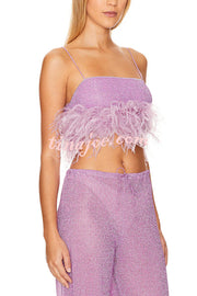 Music Carnival Glitter Stretch Fabric Feather Trim Tank and Elastic Waisted Flared Pants Set