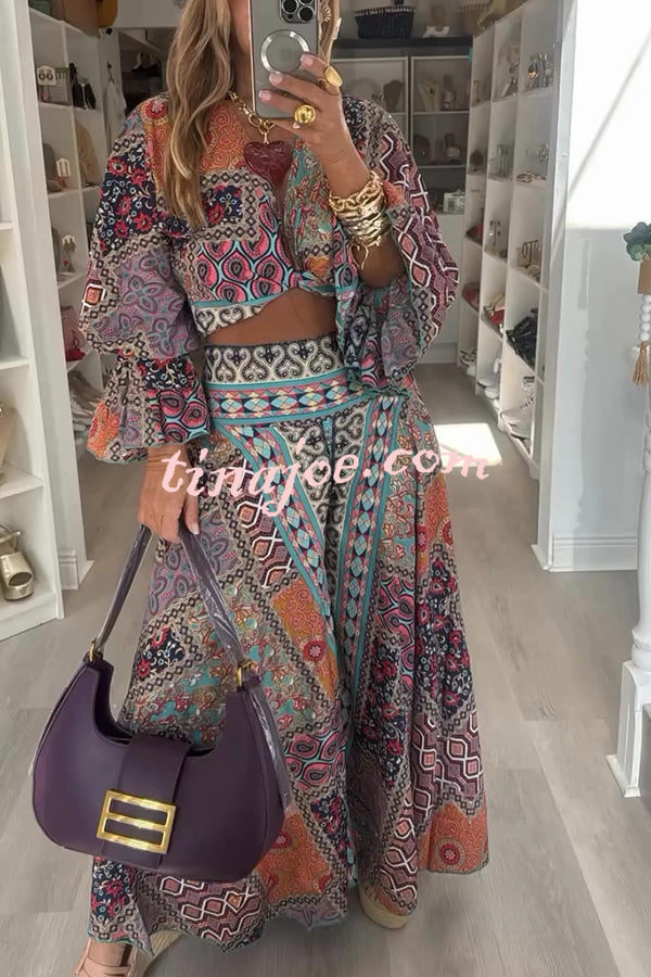 Unique Boho Ethnic Print Balloon Sleeve Crop Top and Elastic Waist Wide-leg Pants Set