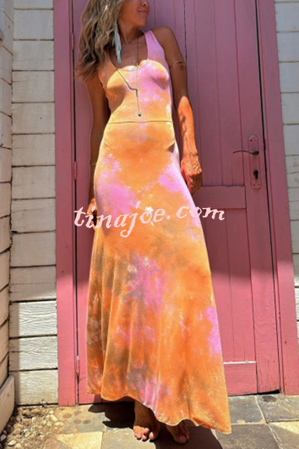 La Bamba Tie-dye Print Back Lace-up Stretch Maxi Dress