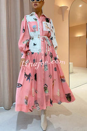 Playful Design Unique Print Balloon Sleeve Pocket Belt Shirt Midi Dress