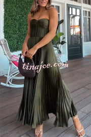 Love Note Satin Sweetheart Twist Off Shoulder Pleated Maxi Dress