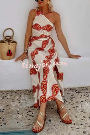 Enjoy A Sunny Linen Blend Shell Print One Shoulder Cutout Waist Tie-up Slit Maxi Dress