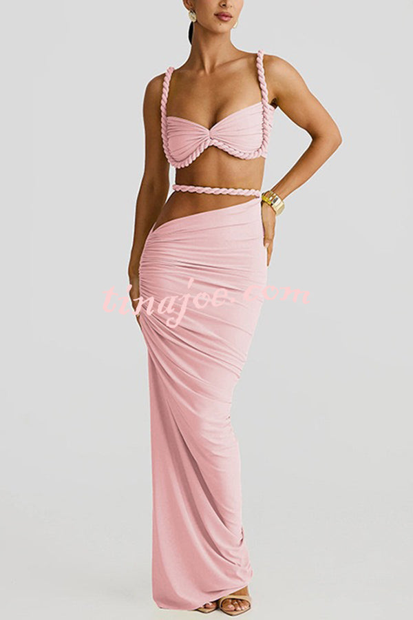 Sexy Halter Back Braided Suspender Top and Beach Holiday Style Hip-wrapped Maxi Skirt Set