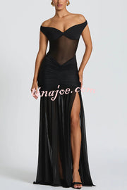 Raise The Level Mesh Off Shoulder Ruched Scarf Stretch Maxi Dress