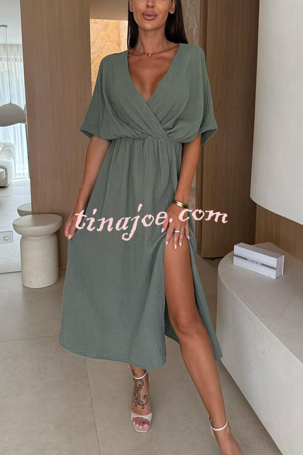 Linen Blend Solid Color V-neck Short Sleeve Waist Loose Slit Midi Dress