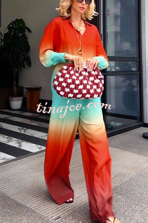 Neon Sunset Gradient Print Long Sleeve High Low Hem Blouse and Elastic Waist Loose Pants Set