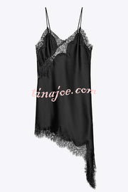 Elouise Satin Lace Trim V-neck Asymmetrical Hem Slip Mini Dress