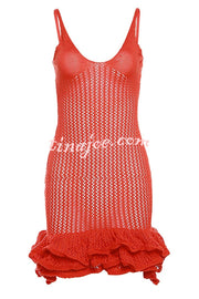 Bali Cutie Knit Layered Ruffle Pleats Hem Tank Stretch Mini Dress