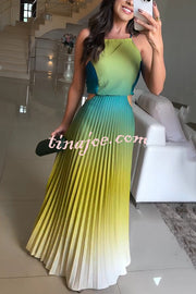 Fashionable Backless Tie Elegant Gradient Pleated Maxi Dress