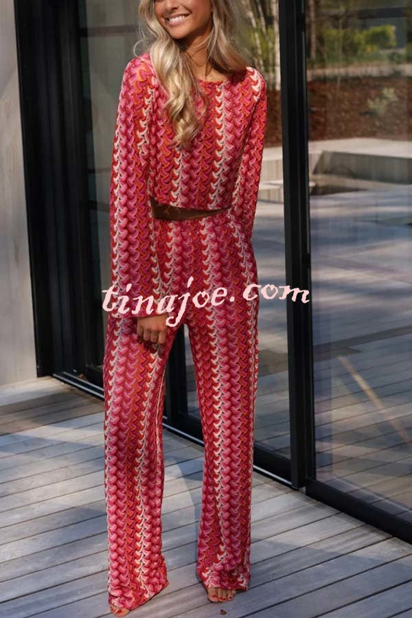 Tamia Knit Colorful Wave Unique Print Crop Top and Stretch Wide Leg Pants Set