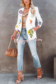 Standards Unique Print Pocketed Ruched Sleeve Casual Blazer