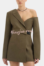 Sartoria Asymmetrical Off Shoulder Contrast Tab Button Long Sleeve Blazer Mini Dress