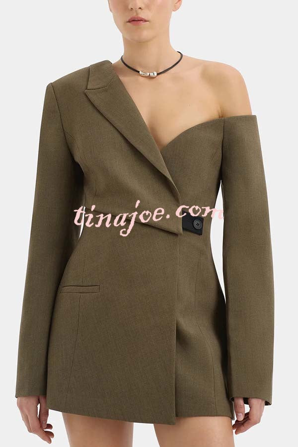 Sartoria Asymmetrical Off Shoulder Contrast Tab Button Long Sleeve Blazer Mini Dress