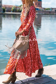 Lapel Slit Floral Print Lace Up Button Maxi Dress