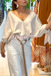 Joyful Bond Linen Blend V-neck Knotted Cuff Half Sleeve Loose Top