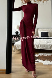 Luxe Silhouette High Neck Shoulder Pads Drape Stretch Maxi Dress