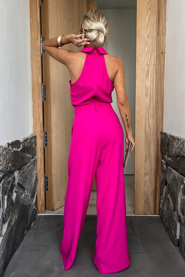 Fashionable Unique Look Halter Shirt Collar Pocketed Wide Leg Jumpsuit