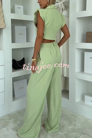 Fashion Style Lapel Waist-baring Irregular Vest and  Elastic Waist Pocket Loose Pants Set
